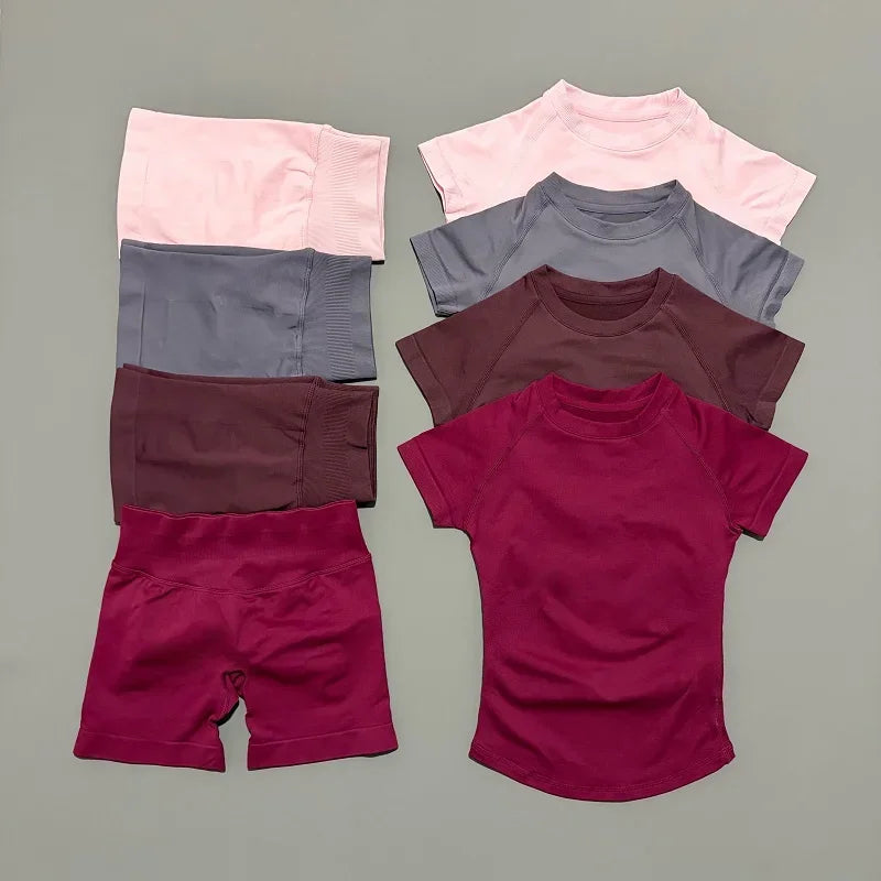 DF-LOGO 2 Pieces Impact Sports Sets Short Sleeve Seamless Yoga Top Fitness Set Women Workout Running Sports Shorts Gym Suit