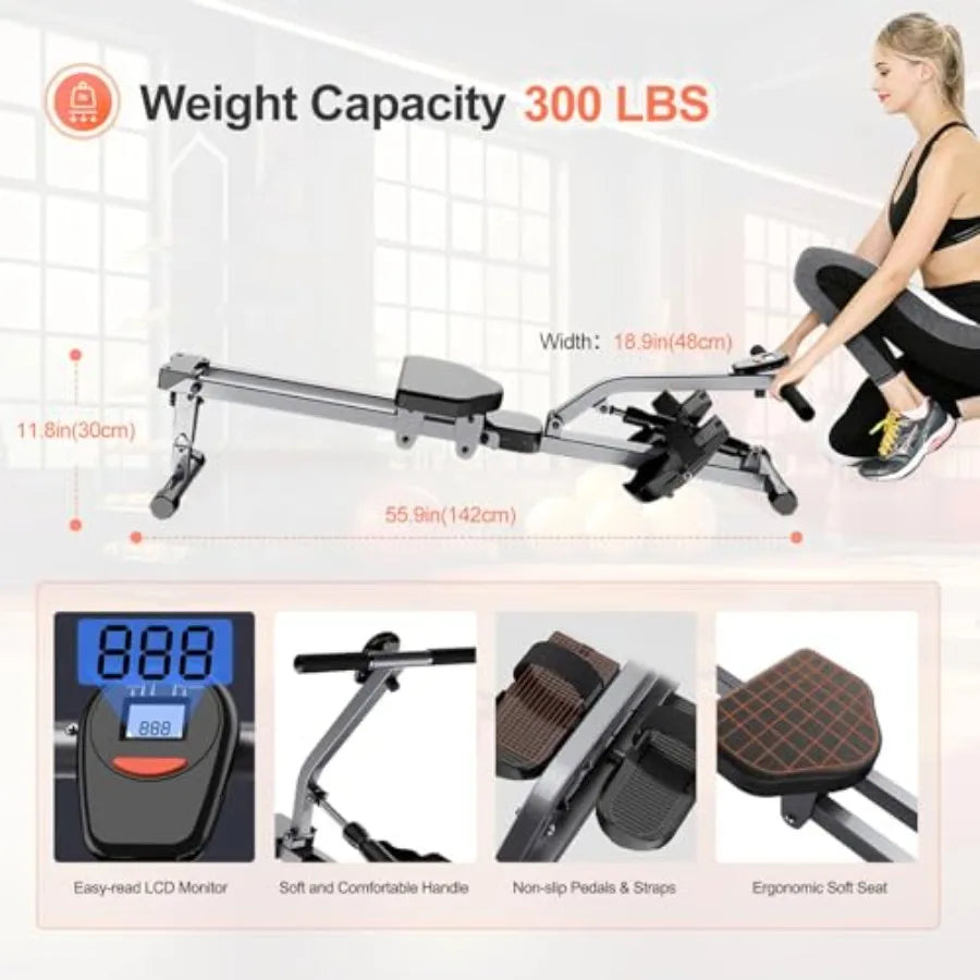 Foldable Indoor Rowing Machine for Home Fitness Hydraulic Design with 300LBS Capacity 12 Resistance Levels LCD Display for Real