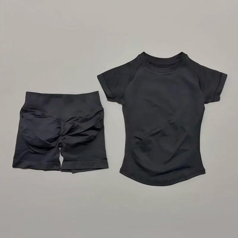 DF-LOGO 2 Pieces Impact Sports Sets Short Sleeve Seamless Yoga Top Fitness Set Women Workout Running Sports Shorts Gym Suit