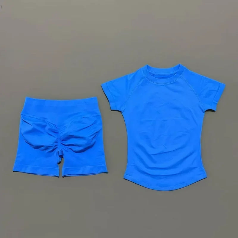 DF-LOGO 2 Pieces Impact Sports Sets Short Sleeve Seamless Yoga Top Fitness Set Women Workout Running Sports Shorts Gym Suit