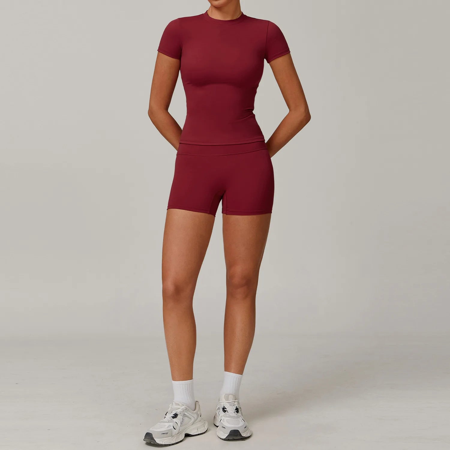 Women  Yoga Set 2PCS Workout Set Sportswear Gym Clothing Fitness Long Sleeve High Waist Leggings Cycling Shorts Sports Suits