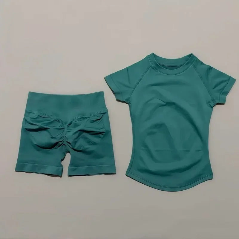 DF-LOGO 2 Pieces Impact Sports Sets Short Sleeve Seamless Yoga Top Fitness Set Women Workout Running Sports Shorts Gym Suit