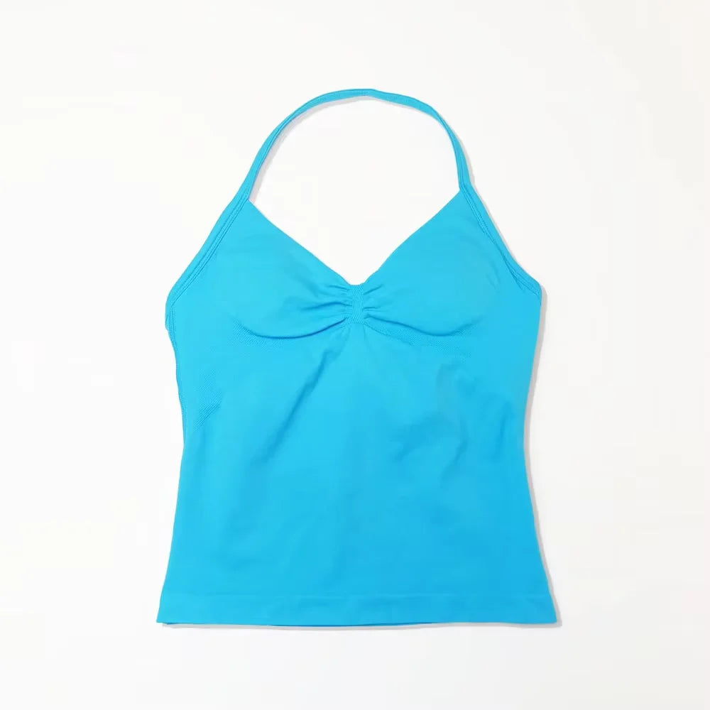 NCLAGEN Gym Longline Strappy Top Women Seamless Yoga Tank With Removable Pads V Neck Workout Clothes Sports Running Fitness Vest