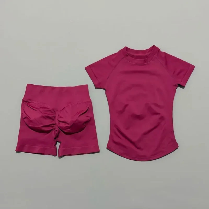 DF-LOGO 2 Pieces Impact Sports Sets Short Sleeve Seamless Yoga Top Fitness Set Women Workout Running Sports Shorts Gym Suit