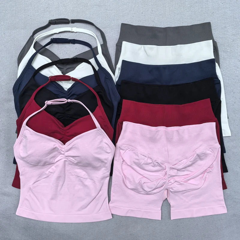 2 Pieces Yoga Set Women Backless Halter Tops High Waist Seamless Shorts Gym Suit Fitness Clothes Sportswear Workout Sets