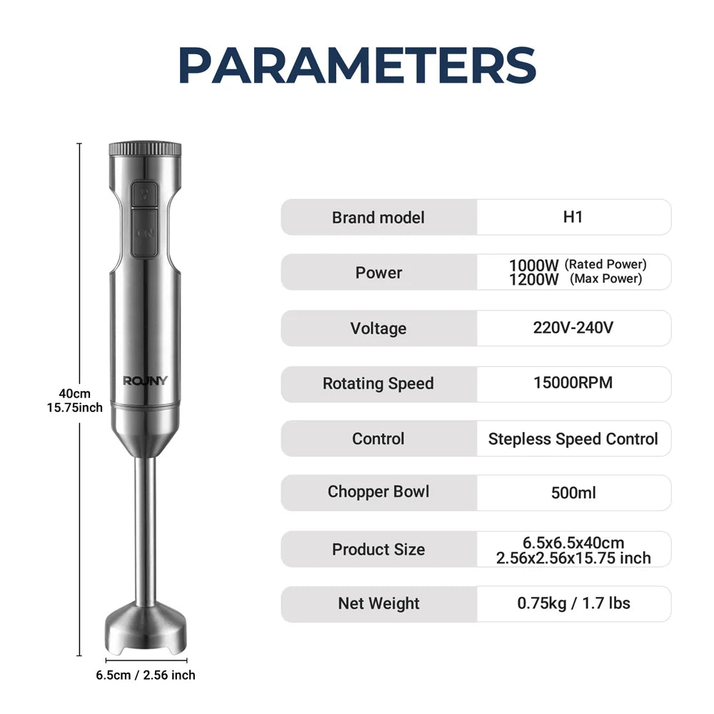 Hand Immersion Blender 1000W Powerful 4-in-1,Stainless Steel Stick Food Mixer,700ml Mixing Beaker,500ml Processor,Whisk