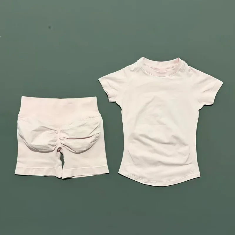 DF-LOGO 2 Pieces Impact Sports Sets Short Sleeve Seamless Yoga Top Fitness Set Women Workout Running Sports Shorts Gym Suit