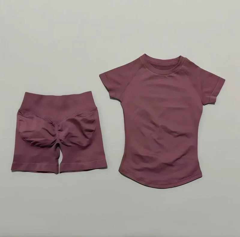 DF-LOGO 2 Pieces Impact Sports Sets Short Sleeve Seamless Yoga Top Fitness Set Women Workout Running Sports Shorts Gym Suit