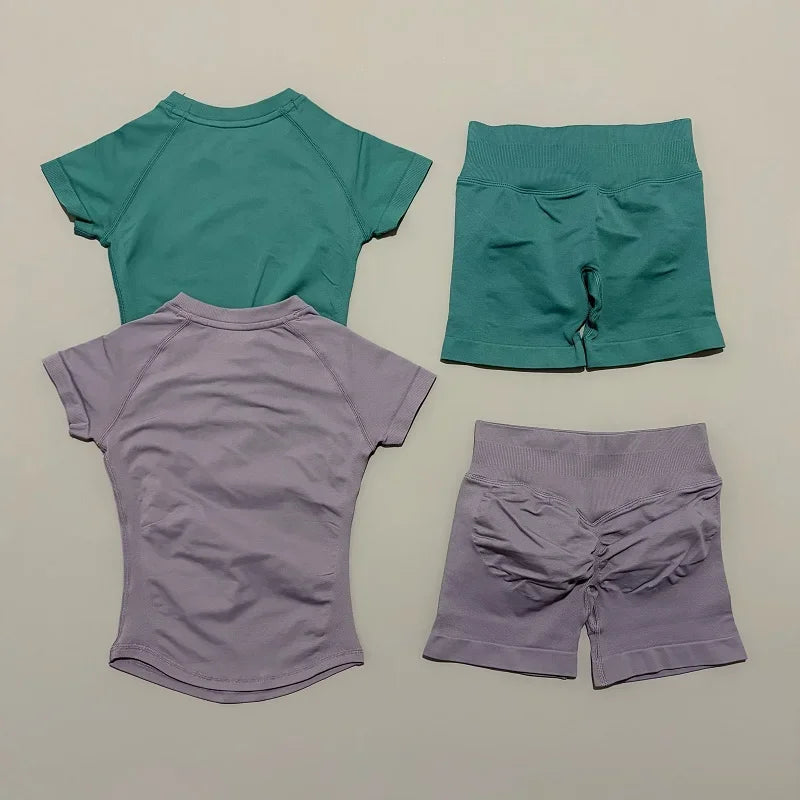 DF-LOGO 2 Pieces Impact Sports Sets Short Sleeve Seamless Yoga Top Fitness Set Women Workout Running Sports Shorts Gym Suit