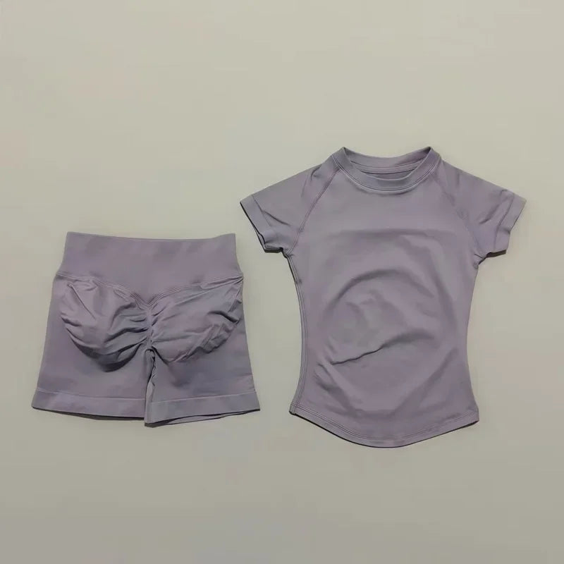 DF-LOGO 2 Pieces Impact Sports Sets Short Sleeve Seamless Yoga Top Fitness Set Women Workout Running Sports Shorts Gym Suit