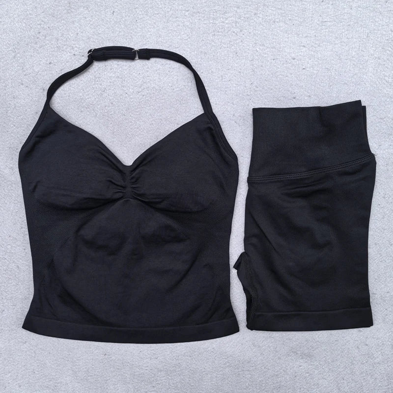 2 Pieces Yoga Set Women Backless Halter Tops High Waist Seamless Shorts Gym Suit Fitness Clothes Sportswear Workout Sets