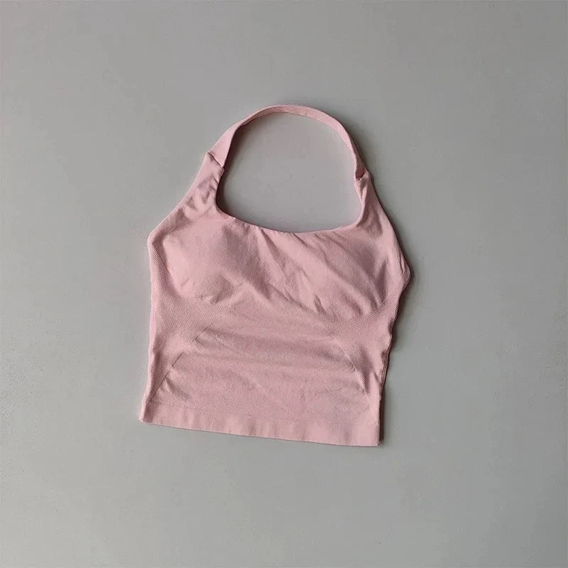 Seamless Halter Neck Yoga Tank Tops for Women Built-in Bra Padded Gym Top Sleeveless Shirt Fitted Backless Workout Clothes