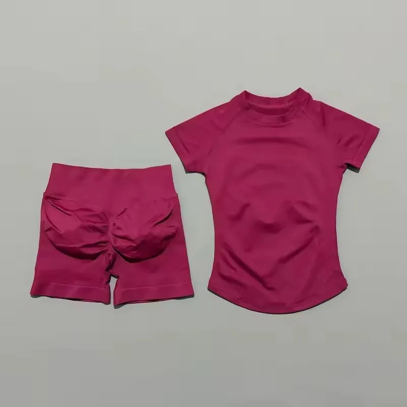 DF-LOGO 2 Pieces Impact Sports Sets Short Sleeve Seamless Yoga Top Fitness Set Women Workout Running Sports Shorts Gym Suit