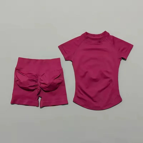 DF-LOGO 2 Pieces Impact Sports Sets Short Sleeve Seamless Yoga Top Fitness Set Women Workout Running Sports Shorts Gym Suit